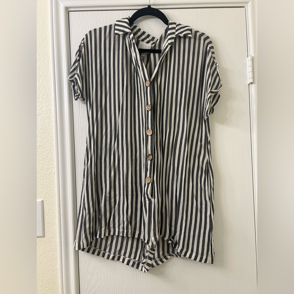 Vici Portside Pocketed Striped Button Down Romper